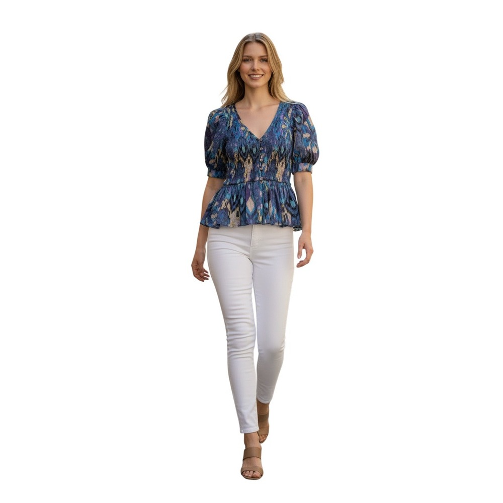 Love The Label NWT Boho Symphonic Ikat Smocked Peplum Blouse S Cotton Blend $225
